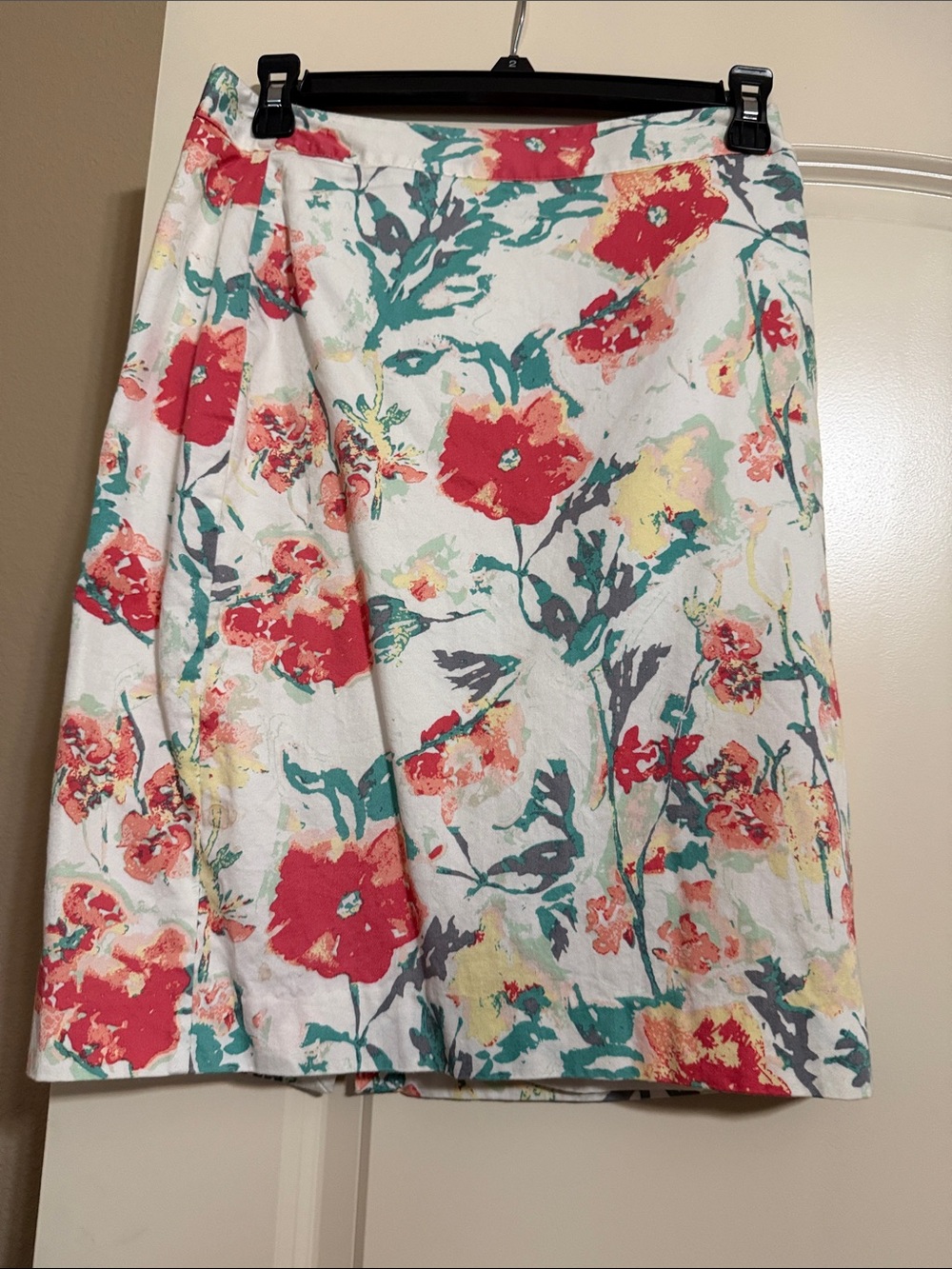 Van Heusen White A-Line Skirt with Red Floral Print